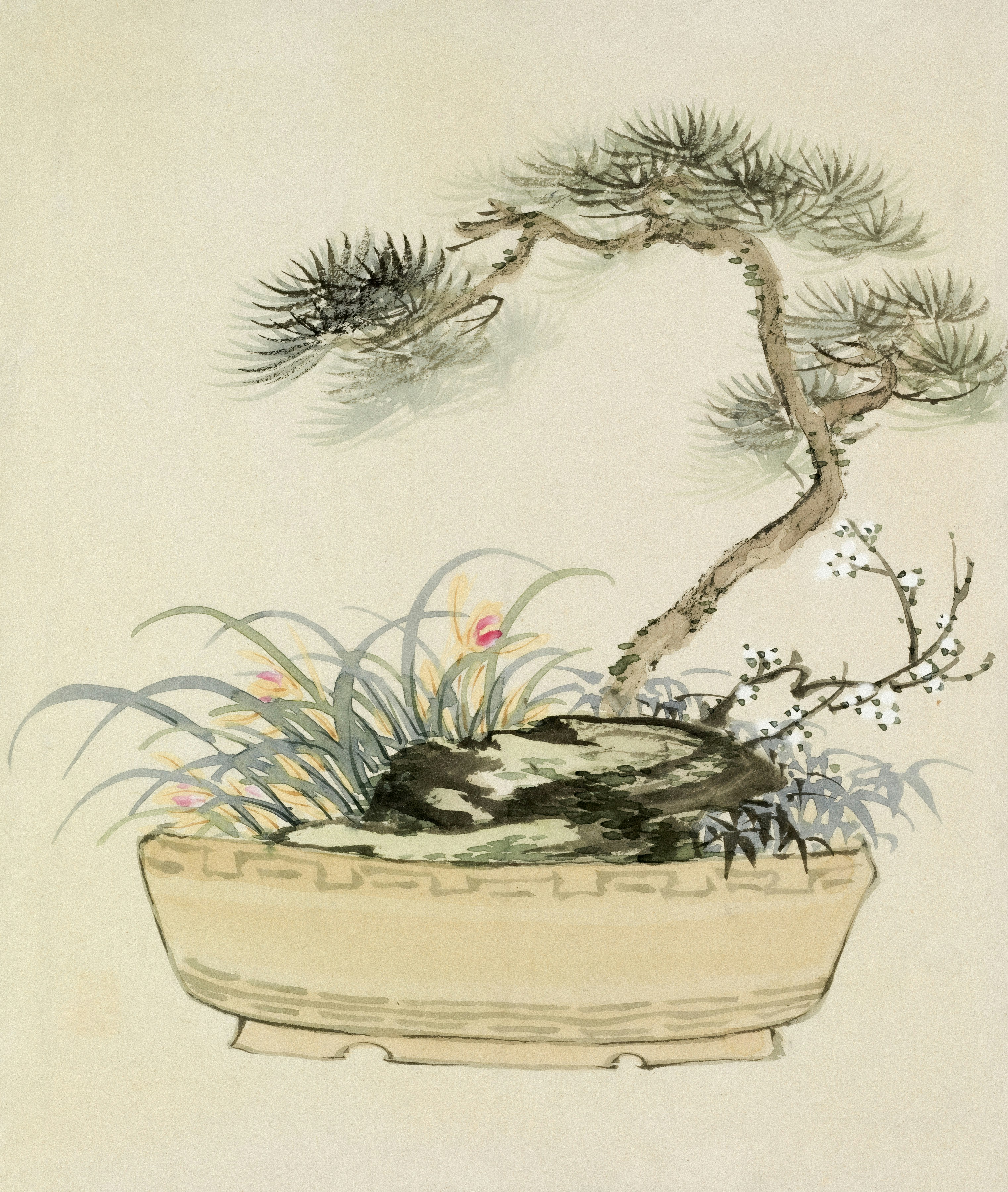 A traditional japanese ink painting of a bonsai tree.