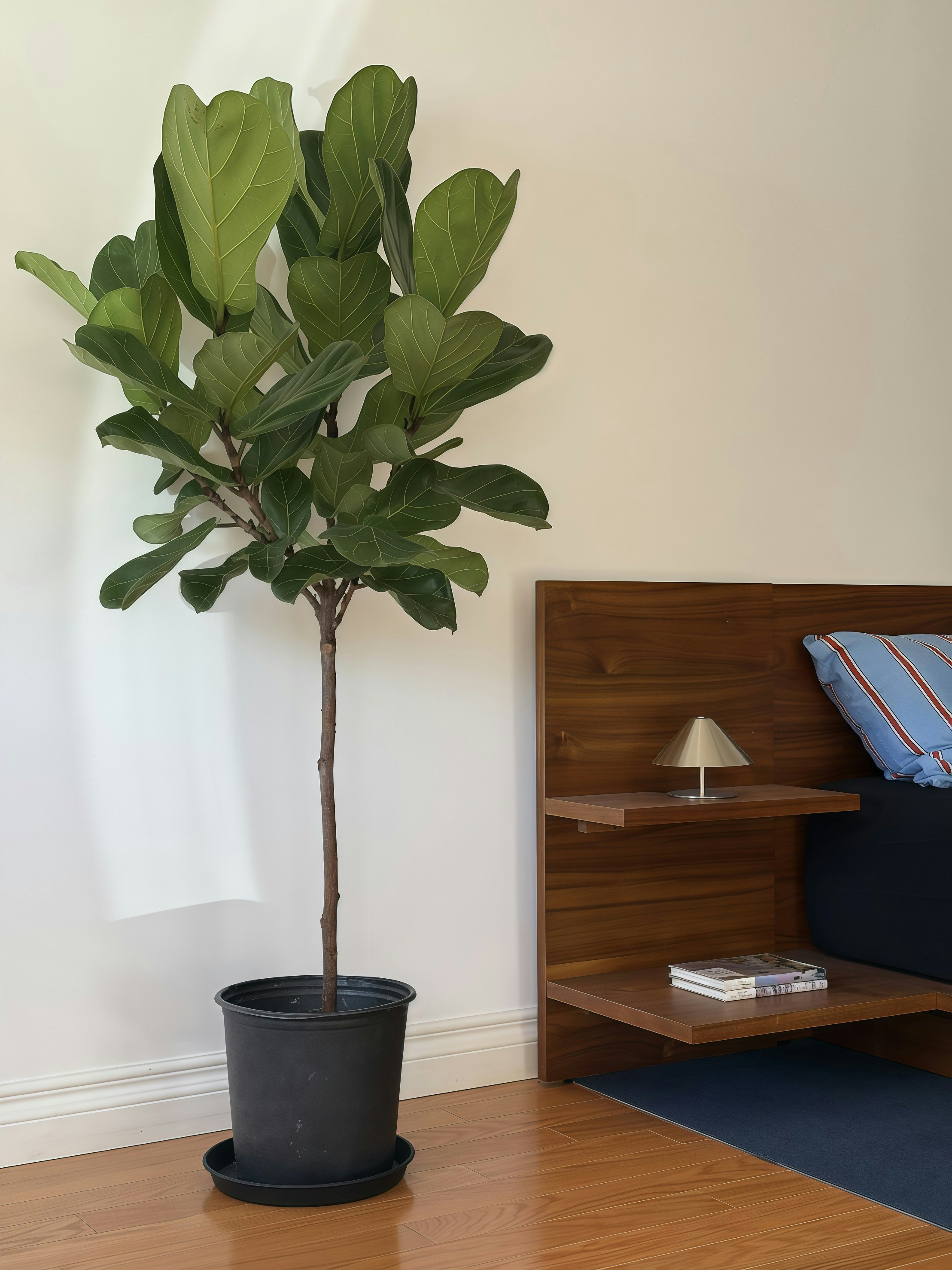 A tall fiddle leaf fig plant in a pot.