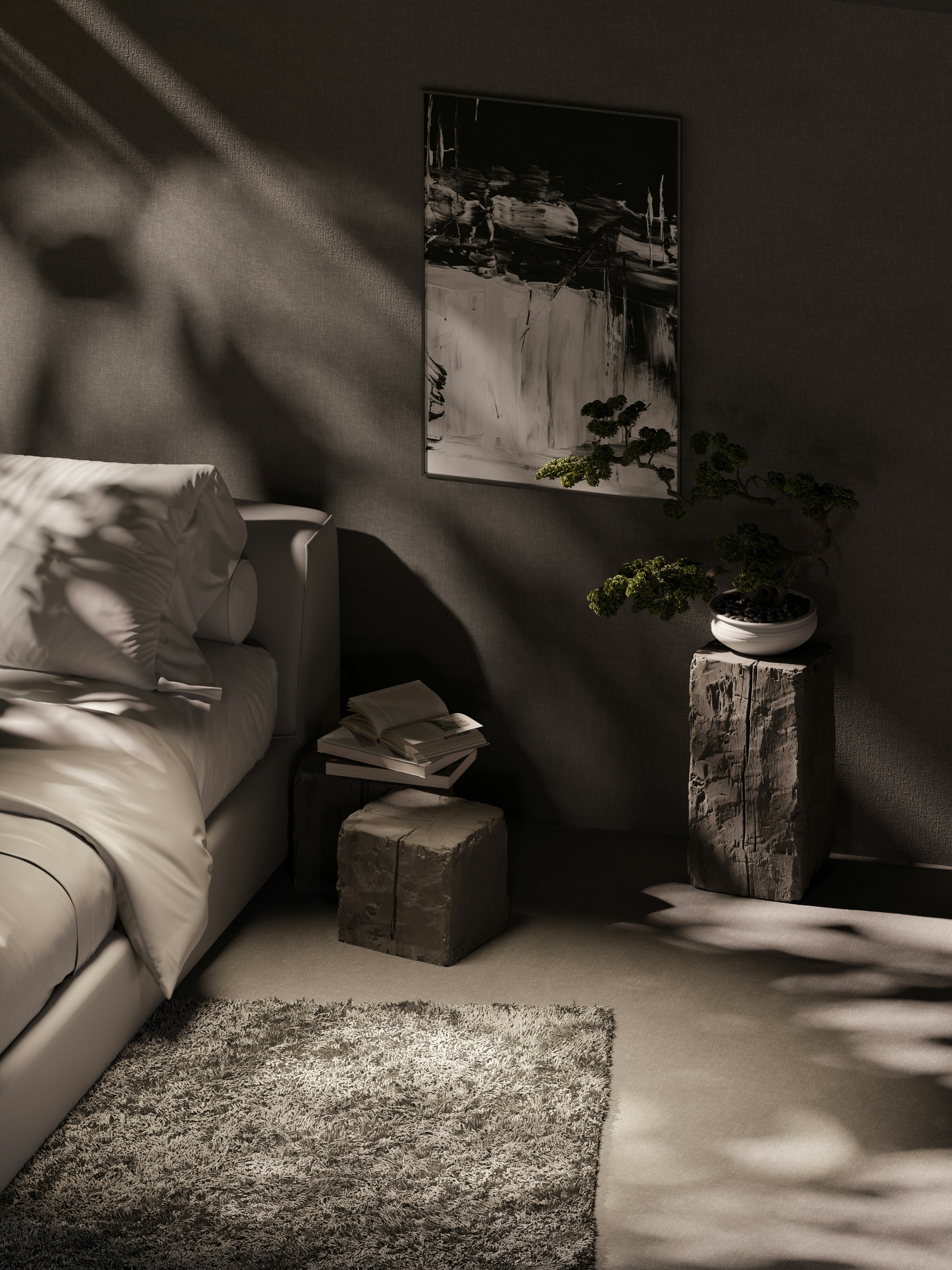 Render with Taitopia Render by Bonsai Garden a black and white photo of a living room